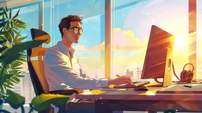 illustration of man at a computer in front of large window with sunset